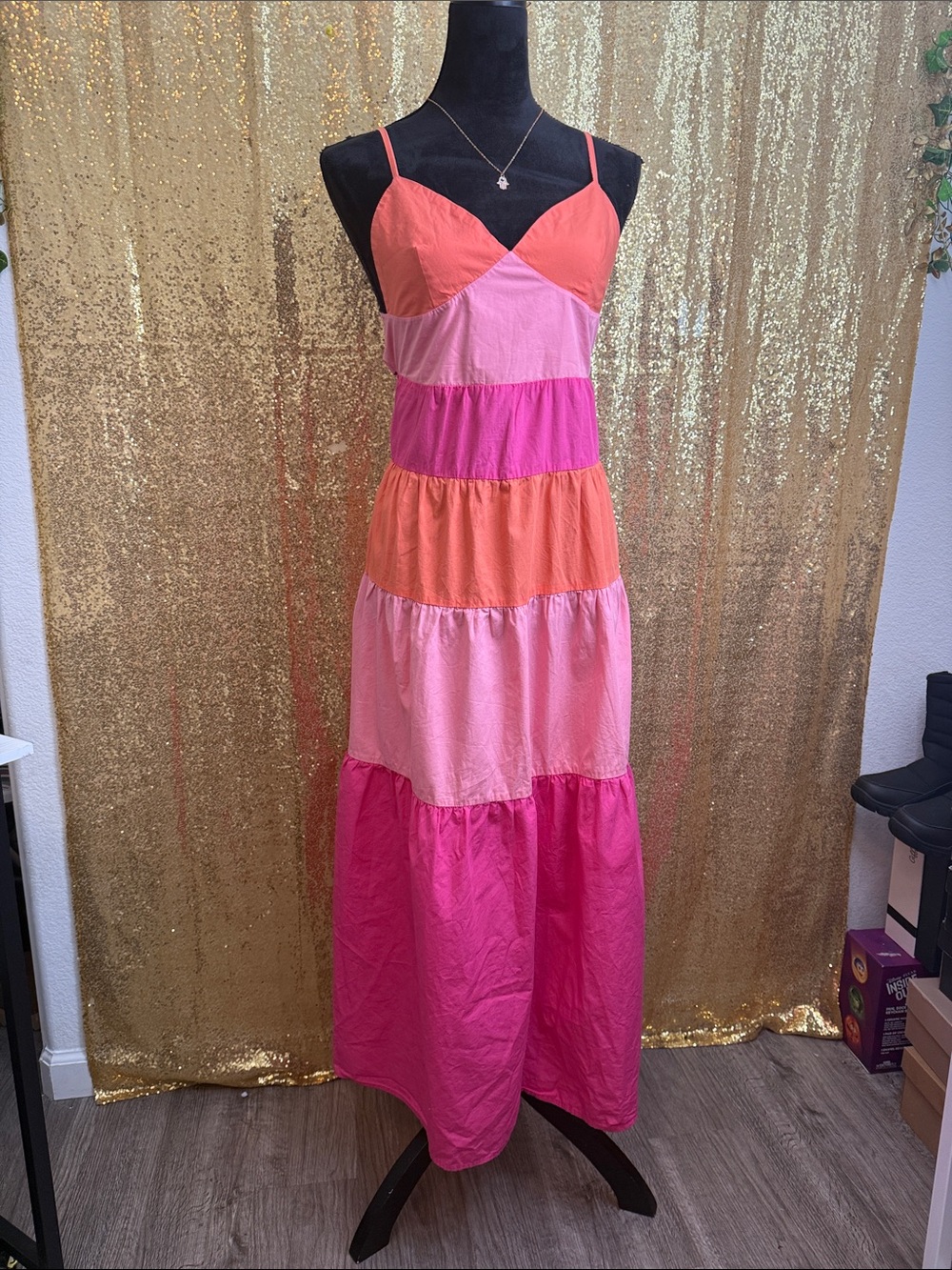 Colorblock Tiered Spaghetti-Strap Maxi Dress - Pink & Coral Tones